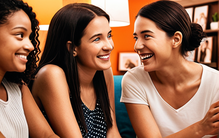 A warm and authentic scene inside a vibrant online community. A "true ambassador" – an ordinary customer with genuine passion – is enthusiastically discussing a product. She is surrounded by a subtle aura of trust and connection, visible through warm glow lines emanating from her towards other community members represented by diverse, engaged faces. The setting should feel personal and inviting, like friends sharing honest recommendations, emphasizing qualitative insights and deep trust rather than flashy influencer visuals.