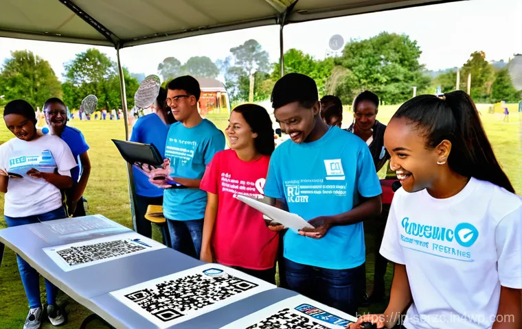 자원봉사자 관리와 커뮤니티 서비스의 연계 - **Prompt 1: Digital Volunteer Management at a Community Event**
    A bright, wide-angle shot of a b...