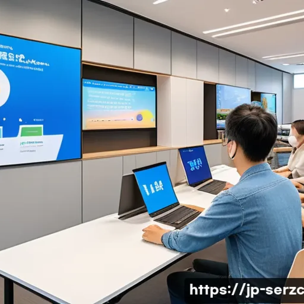 커뮤니티 기반 서비스의 지속적 개선 방안 - A modern Japanese community center scene bustling with diverse users of various ages and backgrounds...