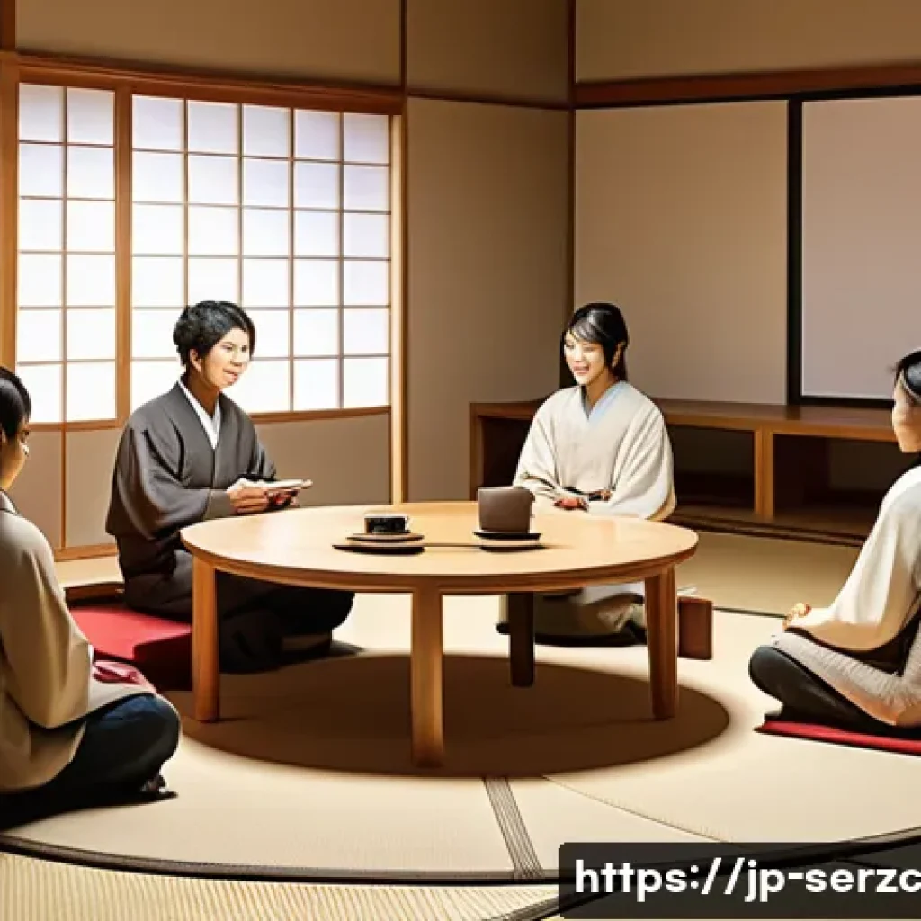 커뮤니티 기반 서비스 성공을 위한 체크리스트 - A modern Japanese community space scene showing diverse users engaging in a friendly group discussio...