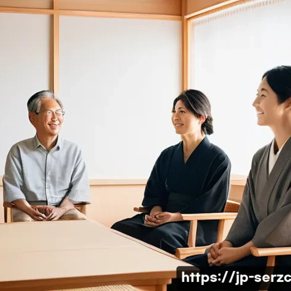 커뮤니티 내 다양한 의견을 반영하는 방법 - A modern Japanese community meeting scene set in a bright conference room with diverse participants ...