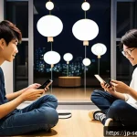 커뮤니티 활성화를 위한 SNS 활용 전략 - A modern Japanese social media community event scene featuring diverse young adults sharing stories ...