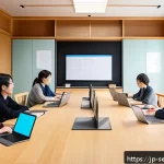 커뮤니티 운영을 위한 효율적인 자원 관리 - A modern Japanese community center meeting room with diverse members collaborating harmoniously, fea...