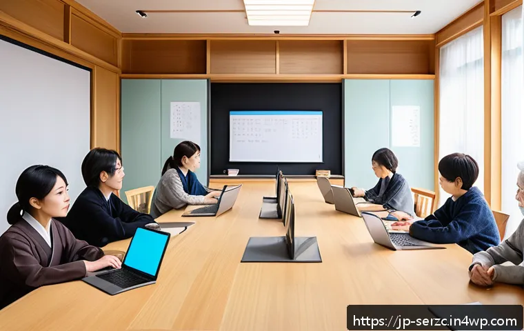 커뮤니티 운영을 위한 효율적인 자원 관리 - A modern Japanese community center meeting room with diverse members collaborating harmoniously, fea...