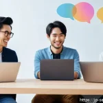 커뮤니티 기반 서비스에서의 신뢰 구축 전략 - A diverse group of young Japanese adults in a modern online community setting, casually dressed in s...