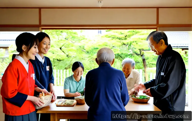 커뮤니티 내 자원봉사자의 가치 인식 방법 - Photorealistic community center scene in Japan, a diverse group of adult volunteers and elderly resi...
